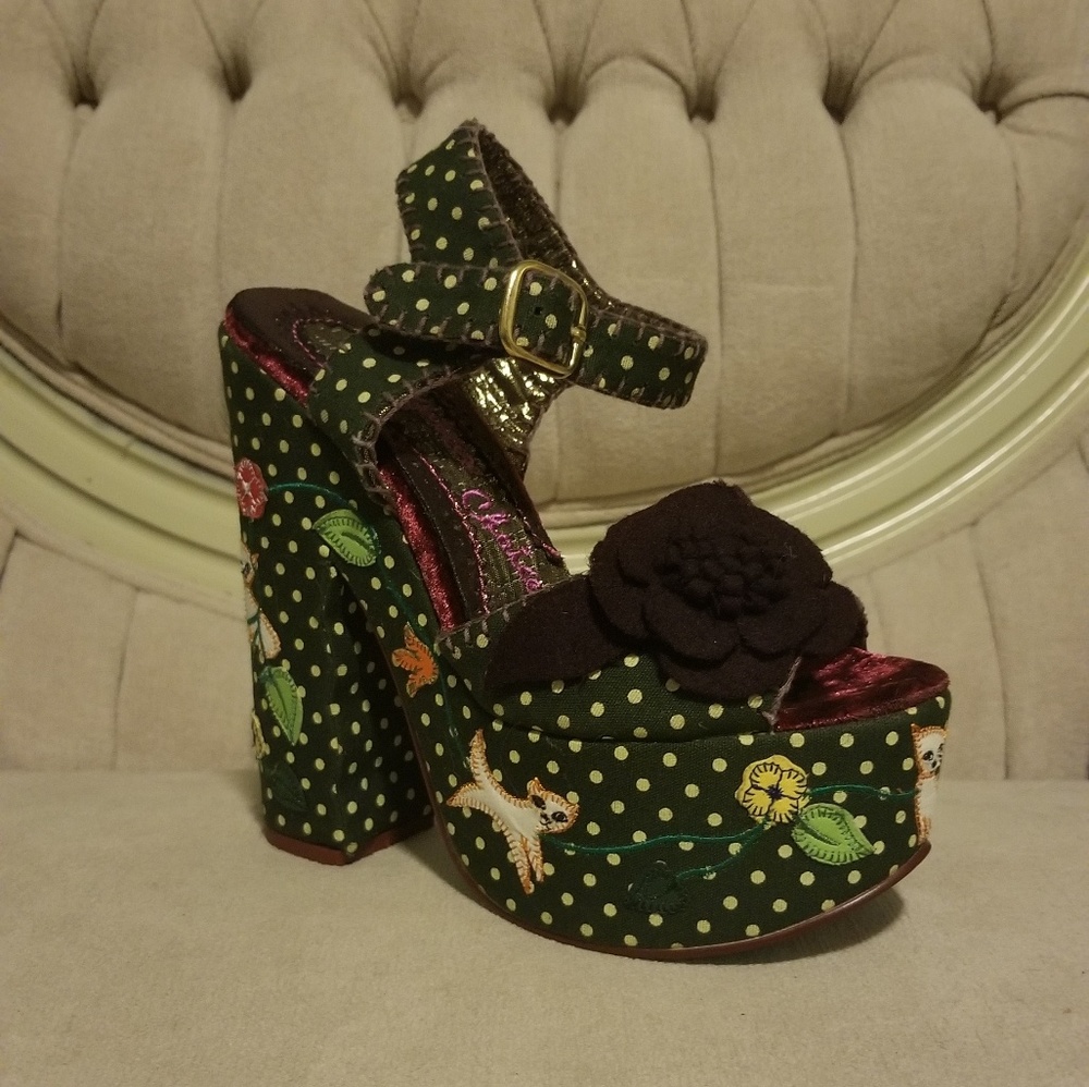 Irregular Choice Green Polka Dot Floral Platform Sandals